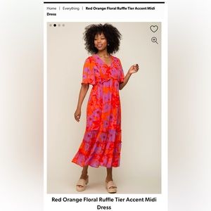 Red Orange Floral Ruffle Tier Accent Midi Dress